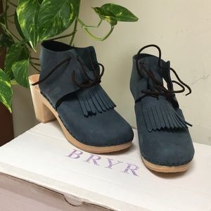 NEW Bryr blue clog heels with fringe detail